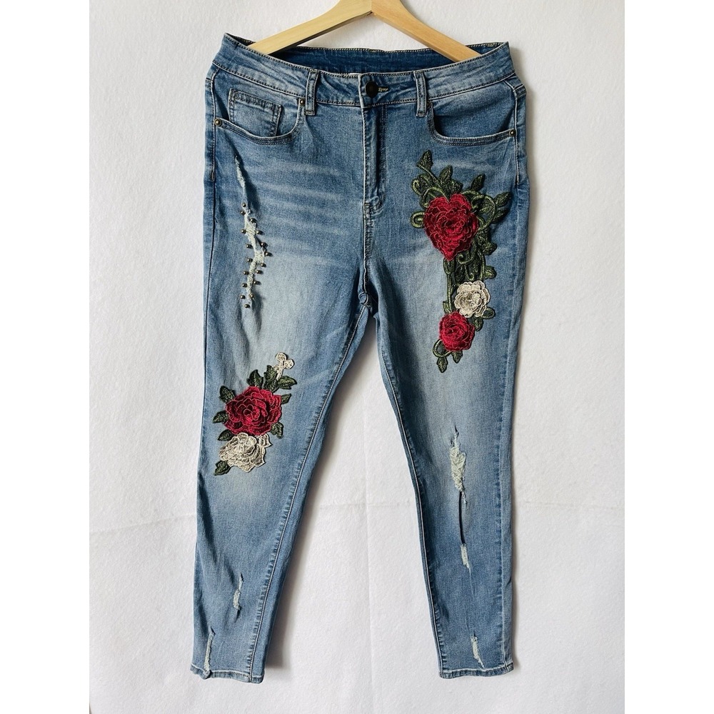 K.Jordan,denim jeans red & white floral embroidery patch,‎ Sz 12 distressed rips